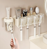 4-Slot Toothbrush Rack, Including 1 Toothpaste Squeezer, 4 Mouthwash Cups (Cream)