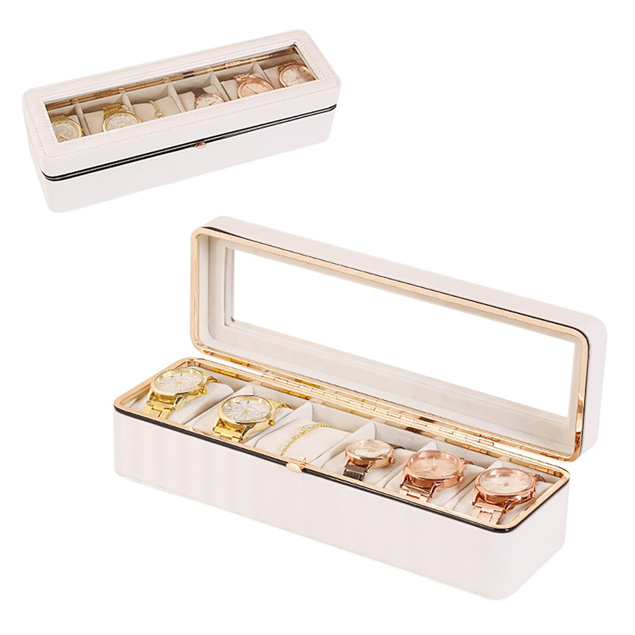 6-Slot Watch Box Organizer with Glass Lid, Removable Watch Pillows, Synthetic Leather Watch
