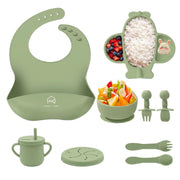 9 Pcs Silicone Feeding Set for Babies | Airplane Divided Plate & Bowl, Spoons, Forks & Bib