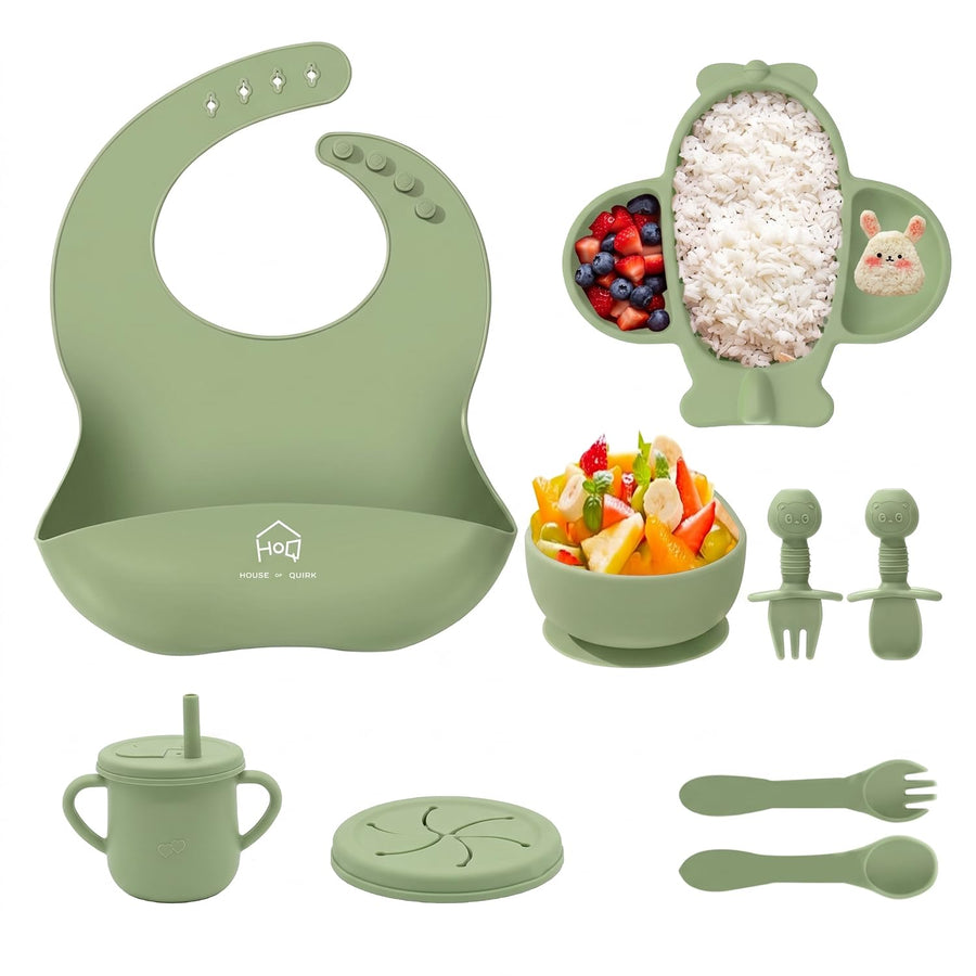 9 Pcs Silicone Feeding Set for Babies | Airplane Divided Plate & Bowl, Spoons, Forks & Bib