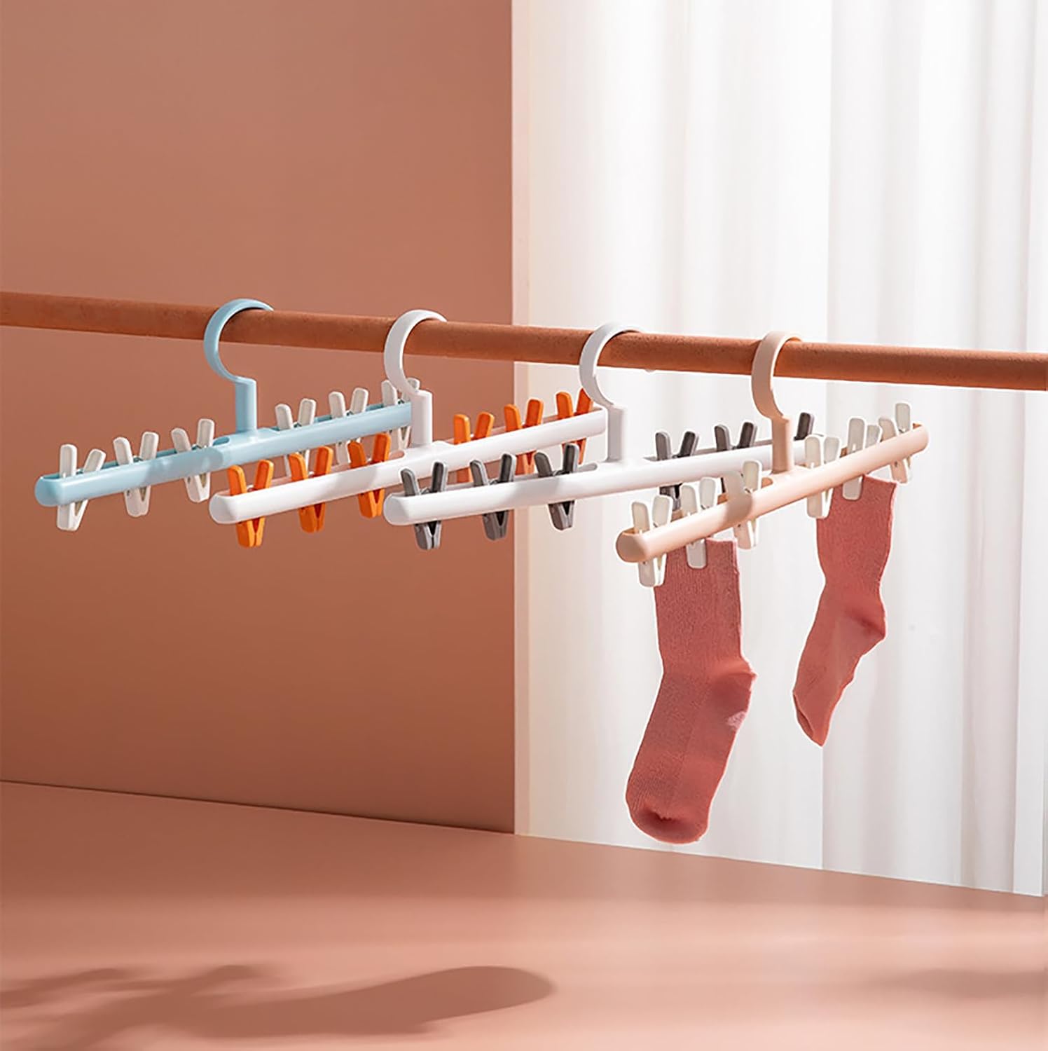 360° Rotating Hat Organizer with Clips Hanging Rack for Caps, Socks & Clothes – White