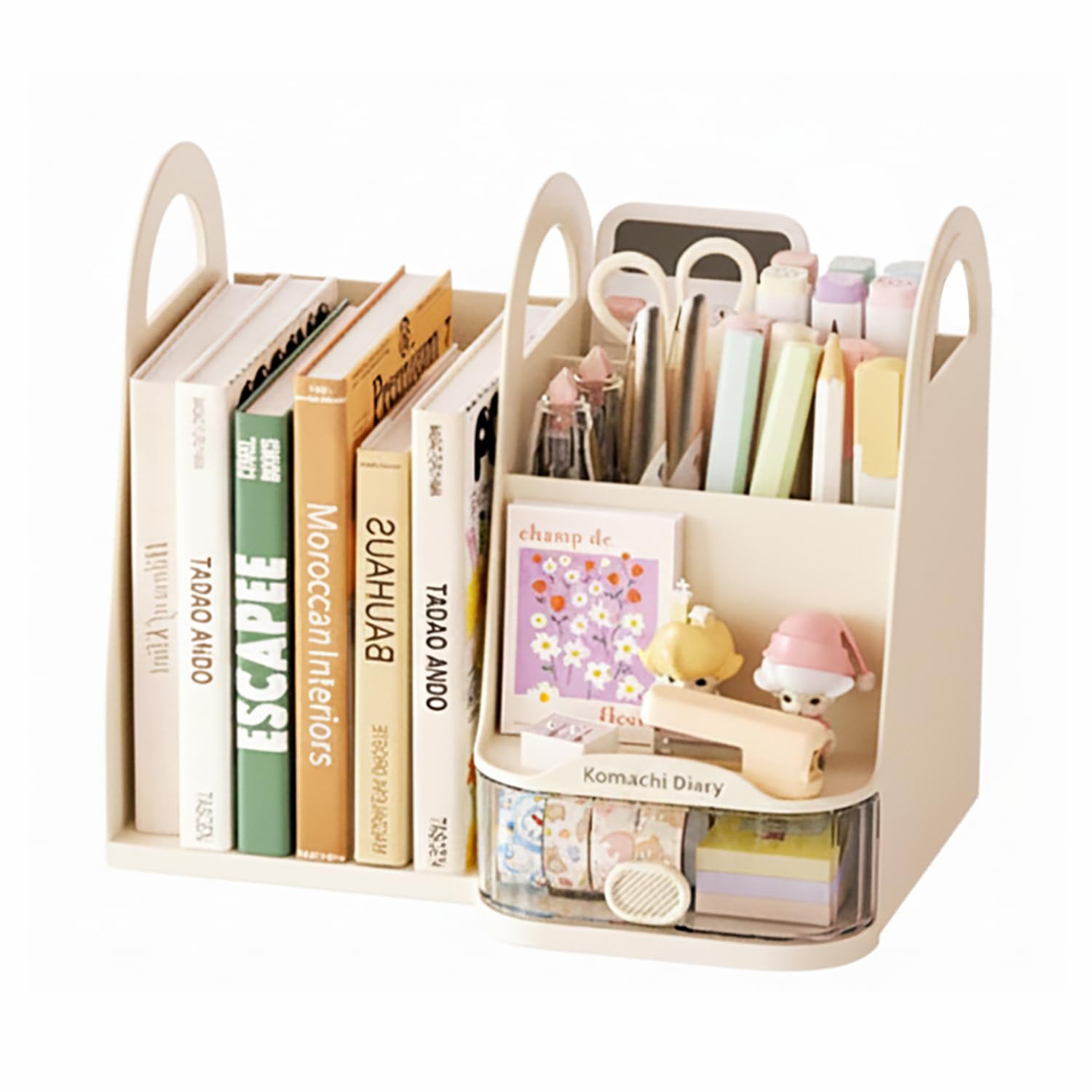 Modular Pen Holder & Desktop Bookshelf – Adjustable Left & Right Plastic Organizer (Cream)