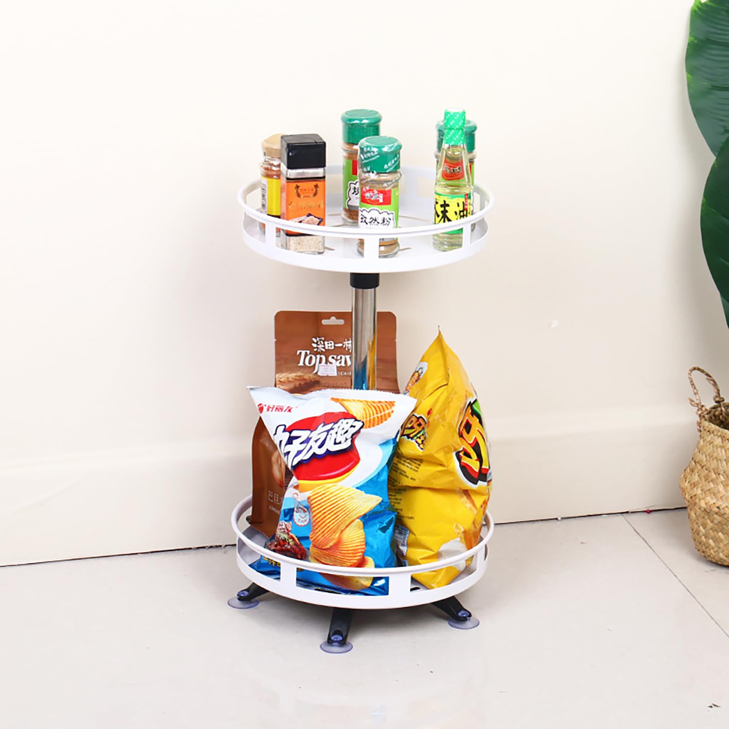 2-Tier Rotating Lazy Susan Organizer – Adjustable Metal Spice Rack for Kitchen & More