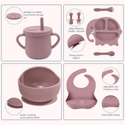 9-Piece Silicone Baby Feeding Set | Elephant Divided Plate, Bowl, Spoon, Fork & Bib