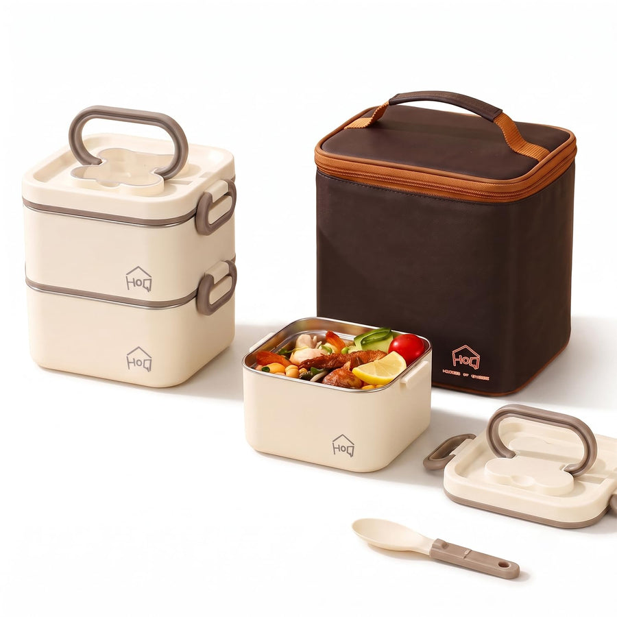 304 Stainless Steel Lunch Box, 2 Containers with 1 Divider (Beige)