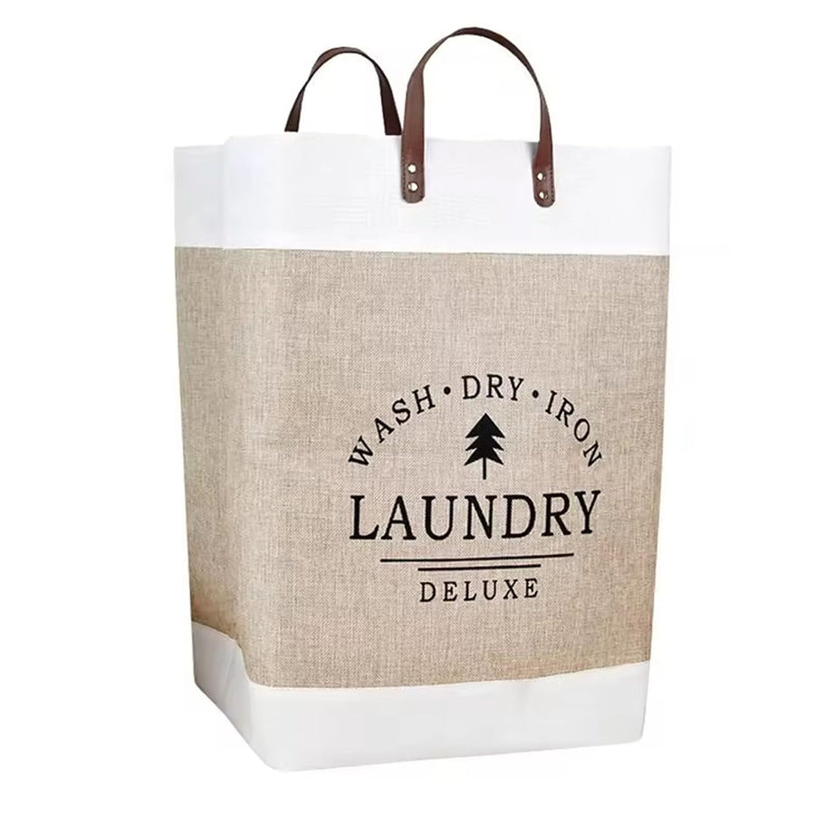 Large Laundry Basket Bag, Drawstring Storage - Beige/White