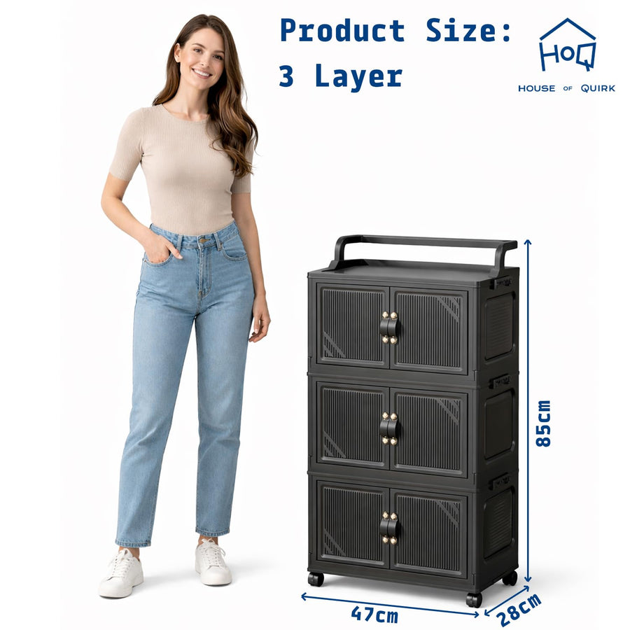 Foldable Storage Box Cart with Handle & Wheels (Black)