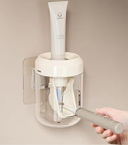 4-Slot Toothbrush Rack, Including 1 Toothpaste Squeezer, 4 Mouthwash Cups (Cream)