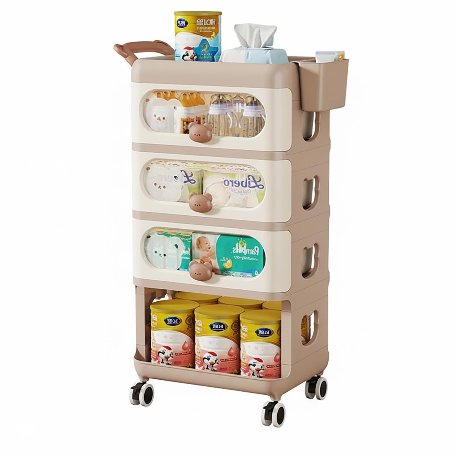 4-Tier Baby Dresser Storage Trolley Plastic Rolling Cart with Drawers