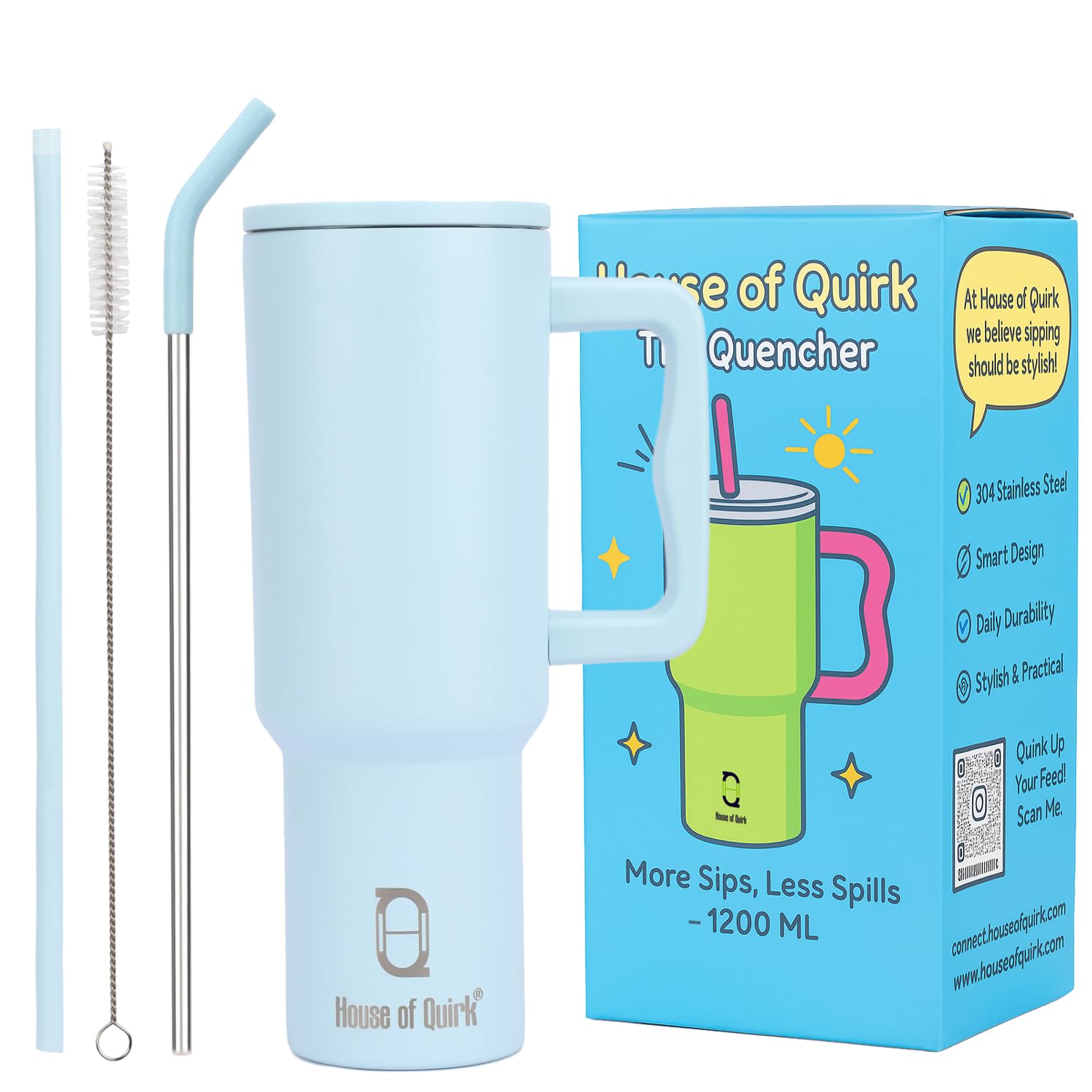 Stainless Steel Vacuum Insulated Tumbler with Straw and Lid & Handle - (1200 ML) (Solid colors)