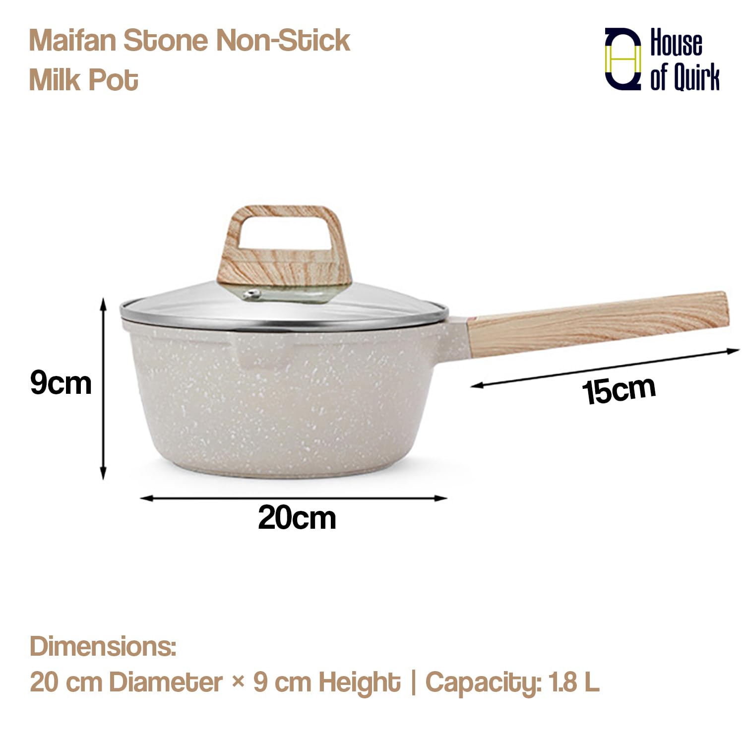 Maifan Stone Nonstick Sauce Pan with Glass Lid Wooden Handle (Granite Beige)
