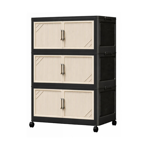 Multi-Tier Foldable Storage Box with Wheels (Black/Beige)