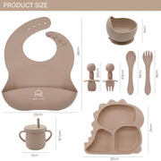 9 Pcs Silicone Baby Feeding Set | Dinosaur Divided Plate