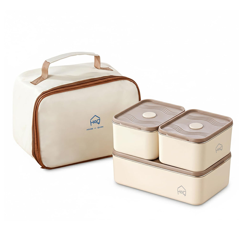 304 Stainless Steel Bento Box – 3 Leakproof Containers with Insulated Carry Case (Beige)
