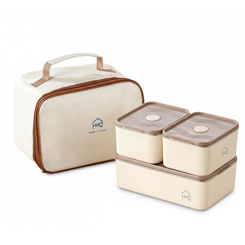 304 Stainless Steel Bento Box – 3 Leakproof Containers with Insulated Carry Case (Beige)