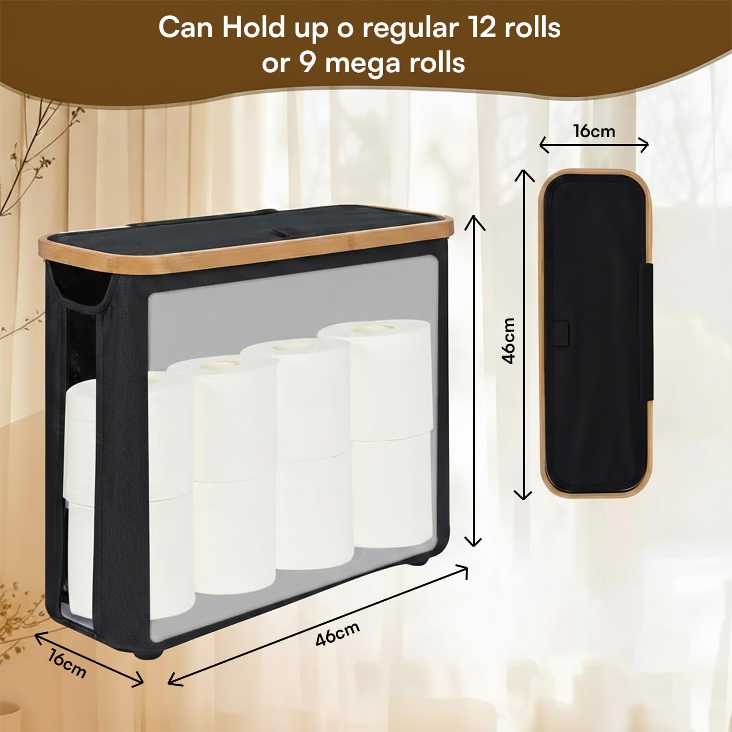 Toilet Paper Storage Basket with Lid Free-Standing Bathroom Organizer (Black)