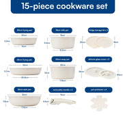 15-Piece Maifan Stone Nonstick Cookware Set with Detachable Handle Granite Beige