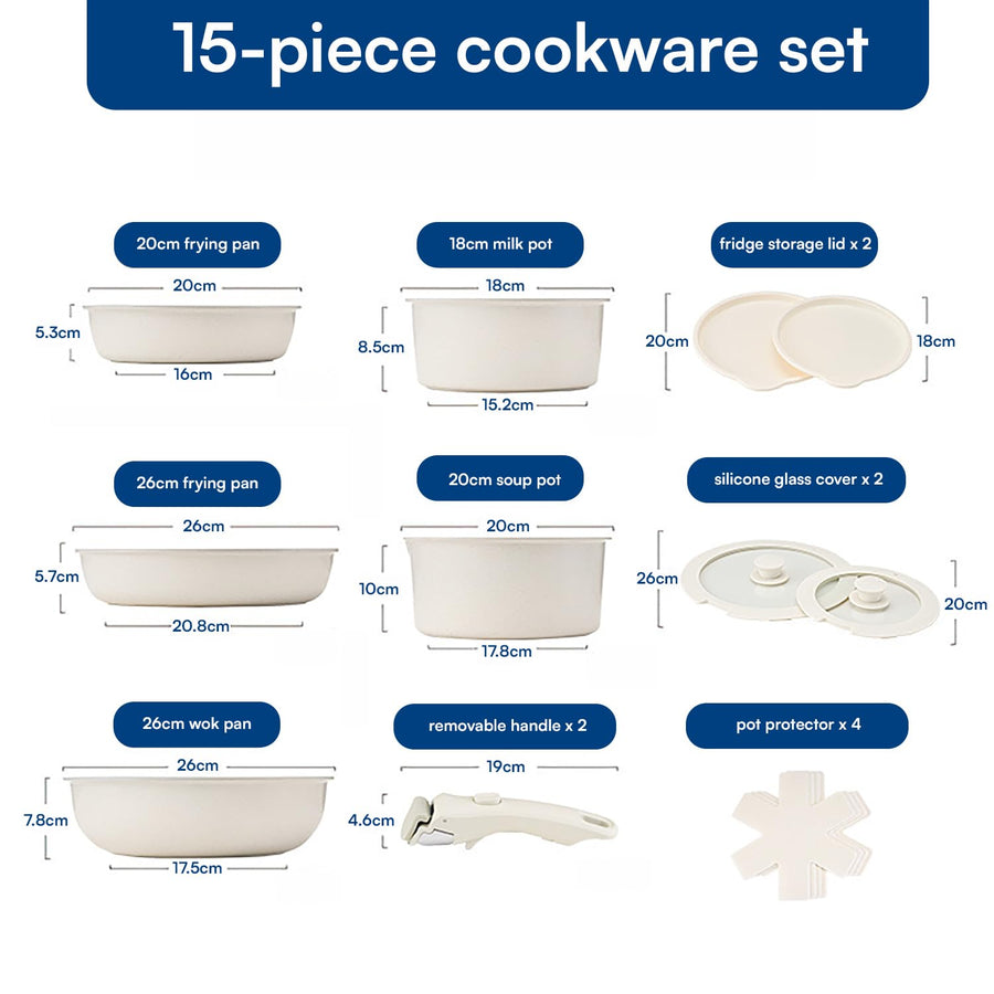 15-Piece Maifan Stone Nonstick Cookware Set with Detachable Handle Granite Beige