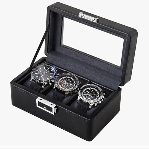 3 Slot PU Leather Watch Box with Glass Top,(Black)