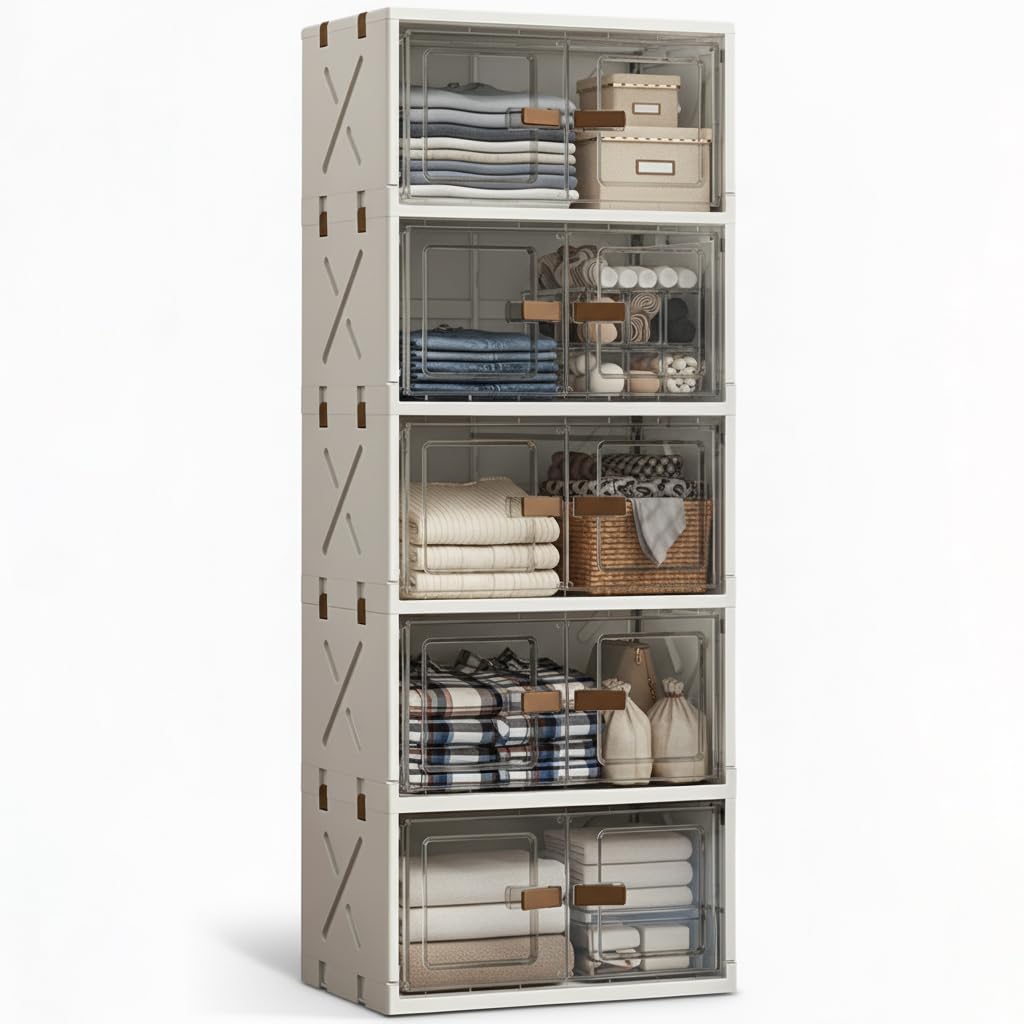 Foldable Flip-Top Plastic Storage Box with Dual Doors – 40cm (Transparent/Cream)