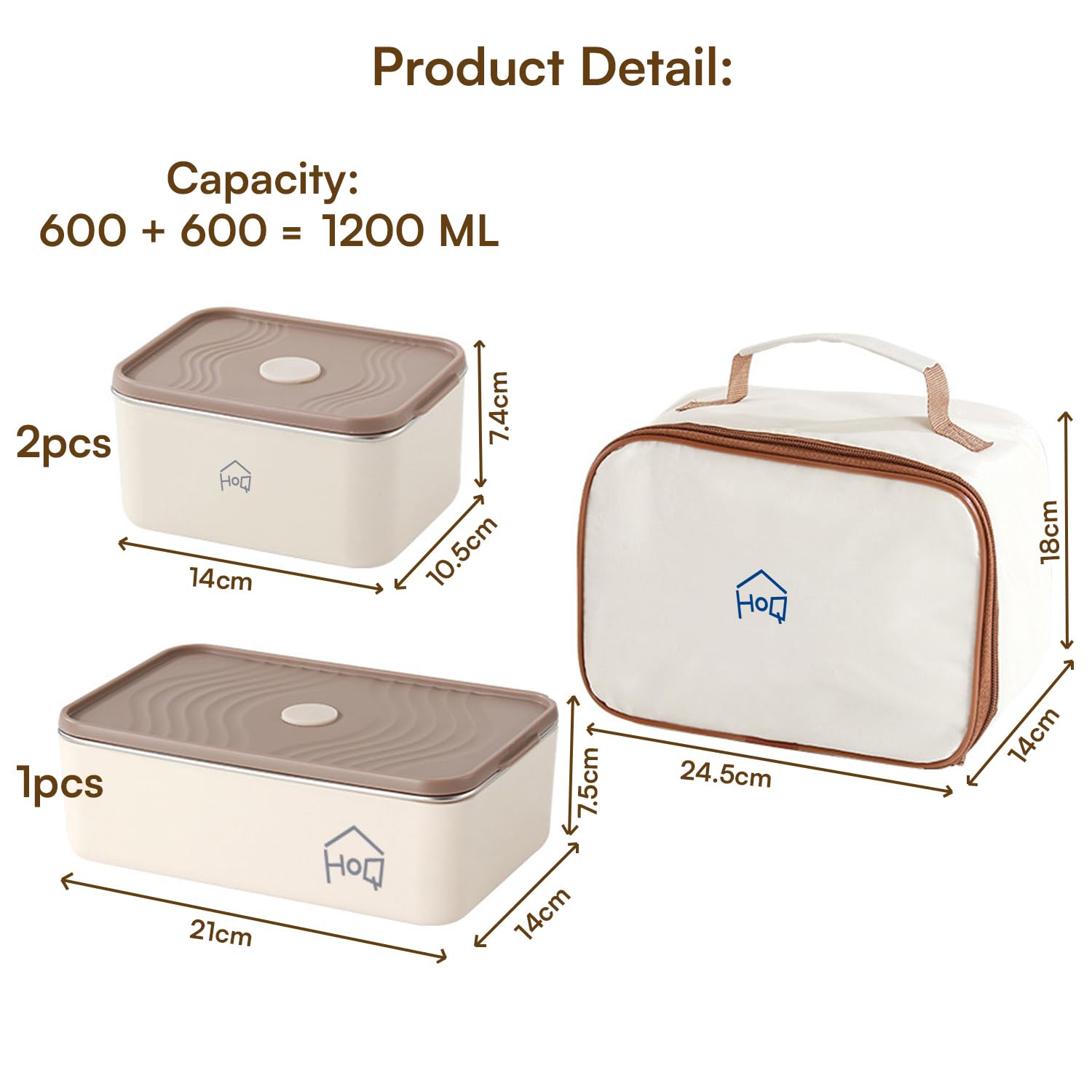 304 Stainless Steel Bento Box – 3 Leakproof Containers with Insulated Carry Case (Beige)