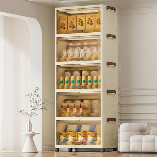 Flip Storage Box Organizer with Wheels and Doors (5 Layer 48 cm, Beige)