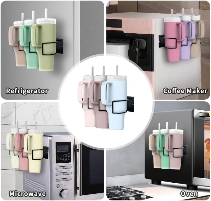 Magnetic 3-Cup Tumbler Holder Water Bottle Lid & Straw Organizer Rack With Hook(Black)