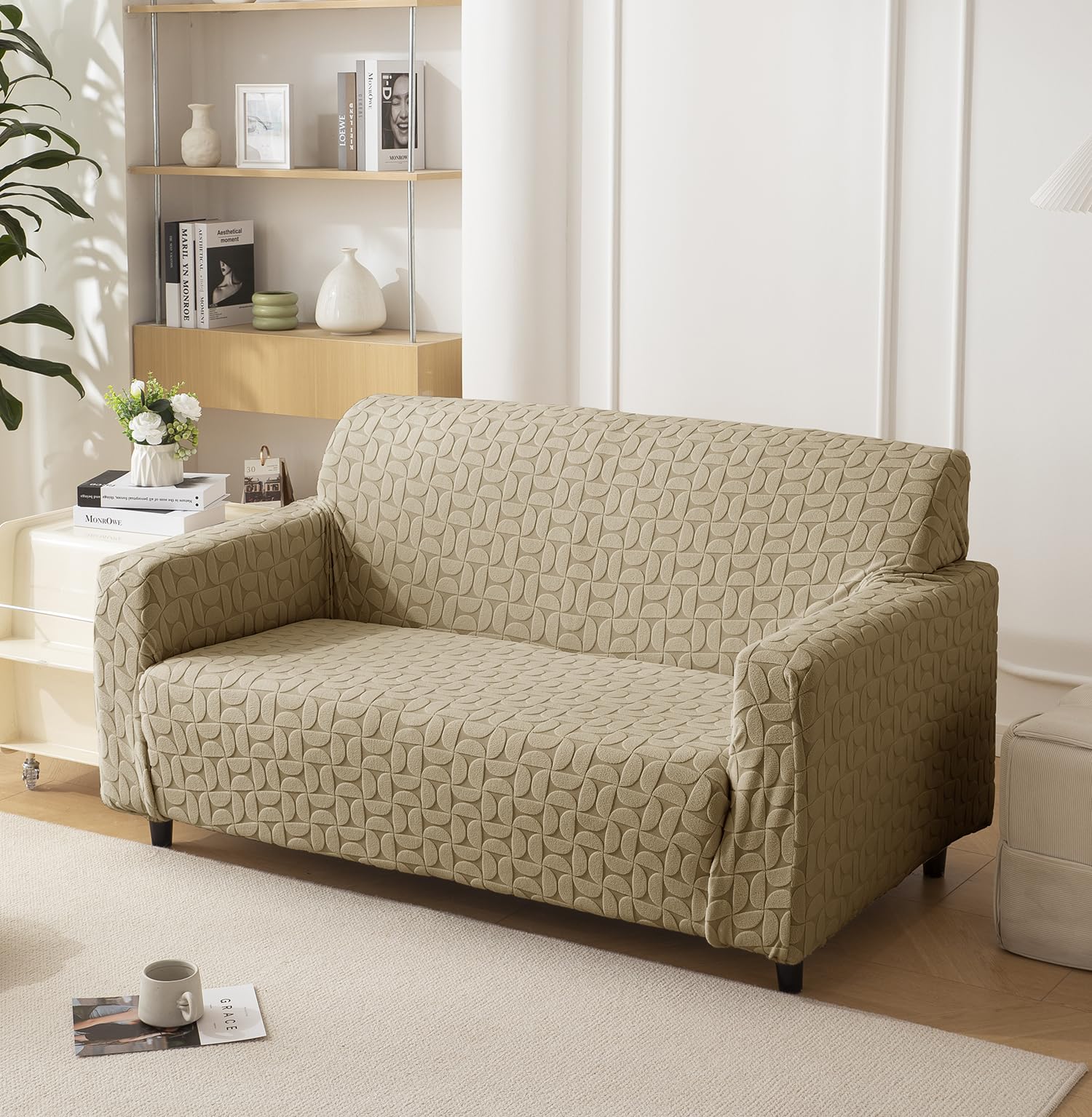 Jacquard Fabric Texture Sofa Cover 220 GSM Sofa Slipcover-Camel