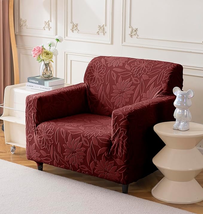 Universal Jacquard Waterproof Camellia Fabric Sofa Cover (Maroon)