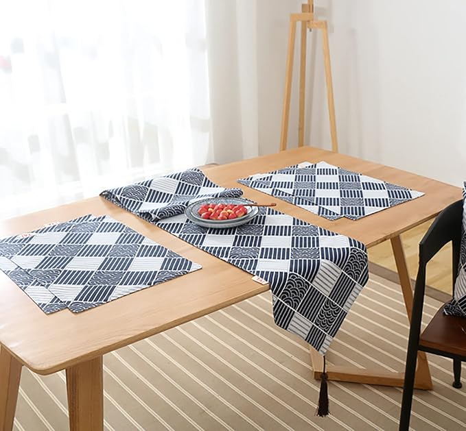 Table Runner, Linen Cotton Tassel Retro (1 Runner Blue Pattern)