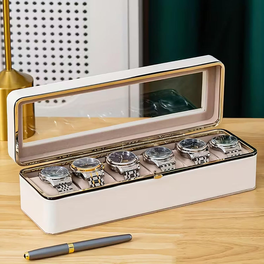 6-Slot Watch Box Organizer with Glass Lid, Removable Watch Pillows, Synthetic Leather Watch