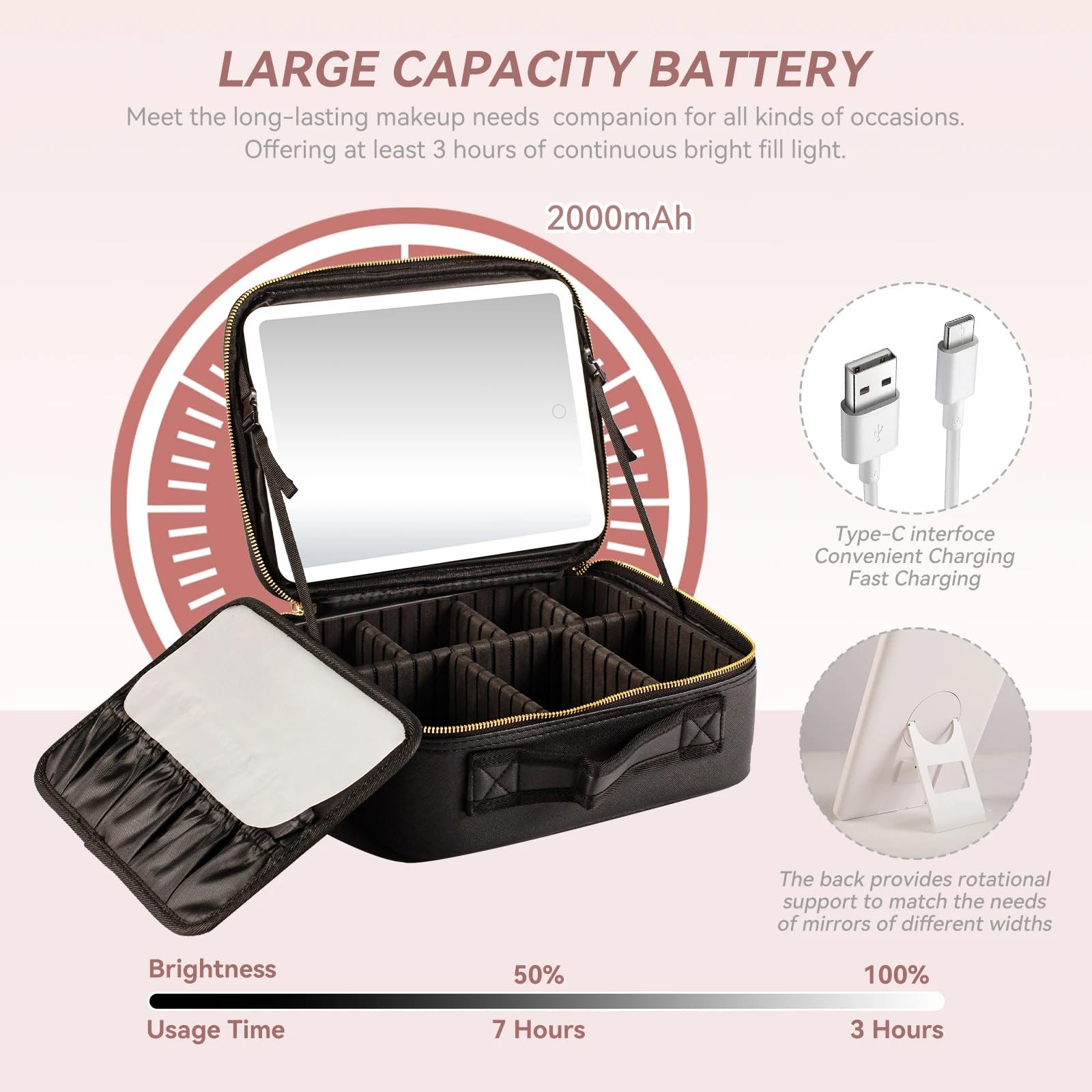 Makeup Bag with Lighted Mirror, Case Setting Adjustable Dividers