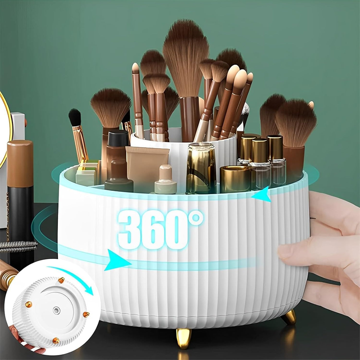 Makeup Brush Holder Organizer, 360° Rotating 5 Slot Make up Brushes Cup for Desktop - (White)