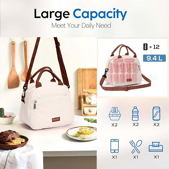 Insulated Lunch Bag for Women, Reusable Tote with Shoulder Strap