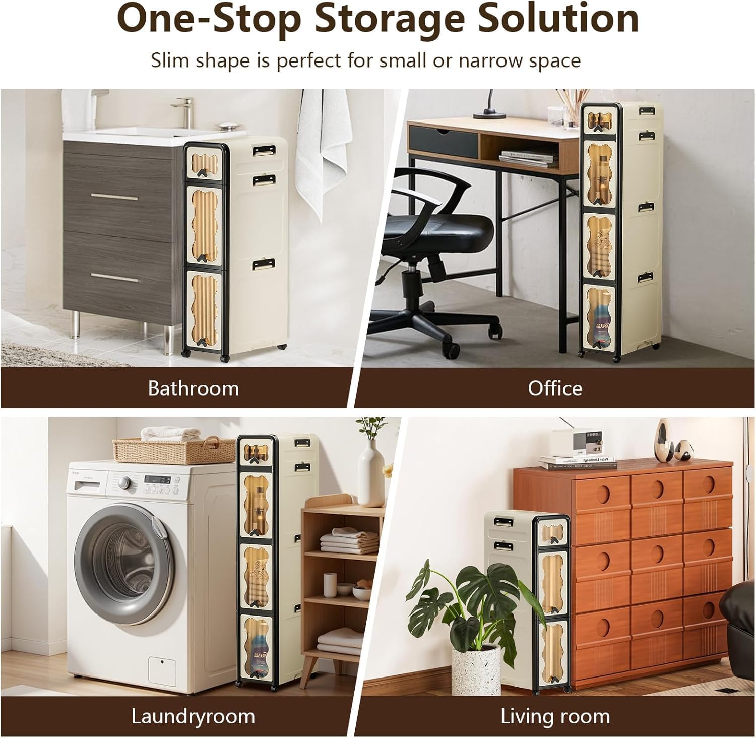 3-Layer Slim Rolling Storage Cabinet – Plastic Organizer (Cream/Black)