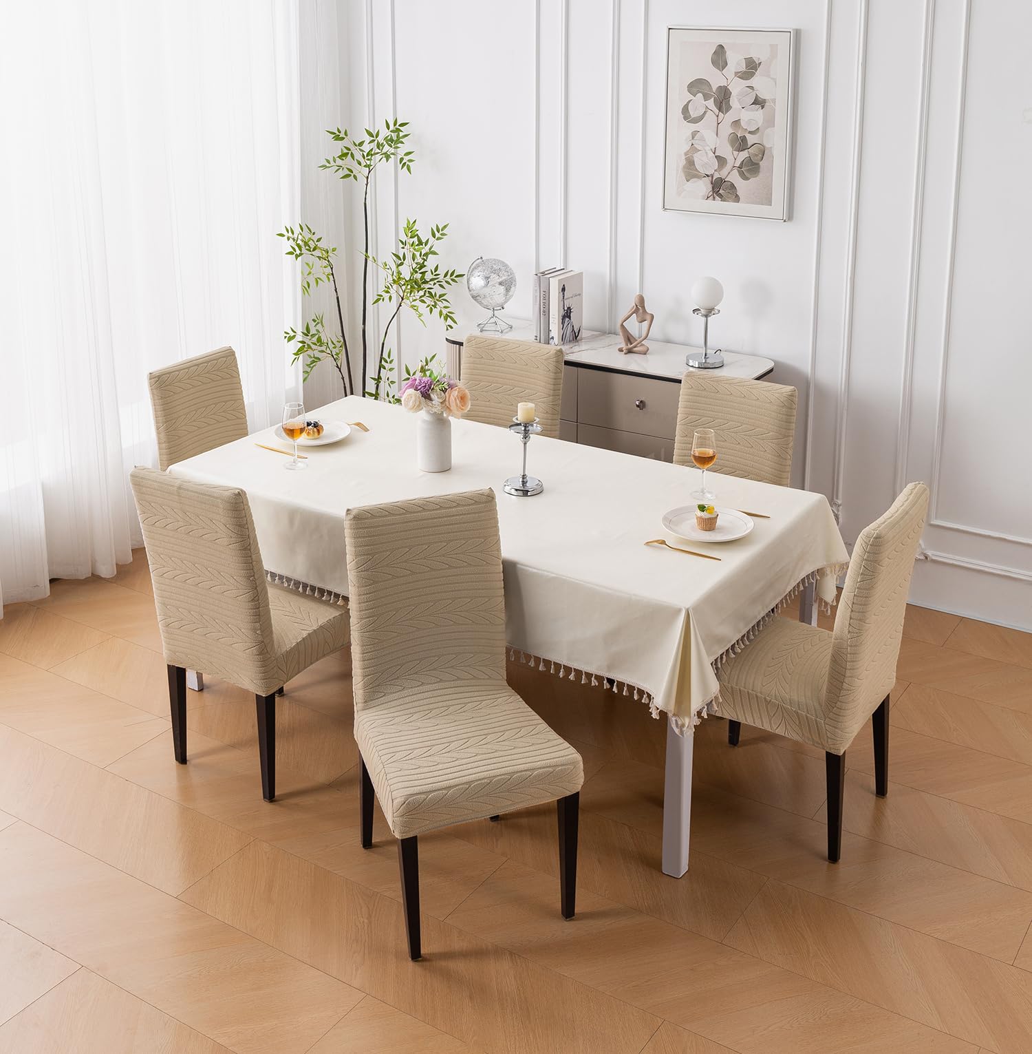 Flexible Stretch Dining Chair Cover 220 GSM Jacquard Fabric, Universal Fit (Khaki)