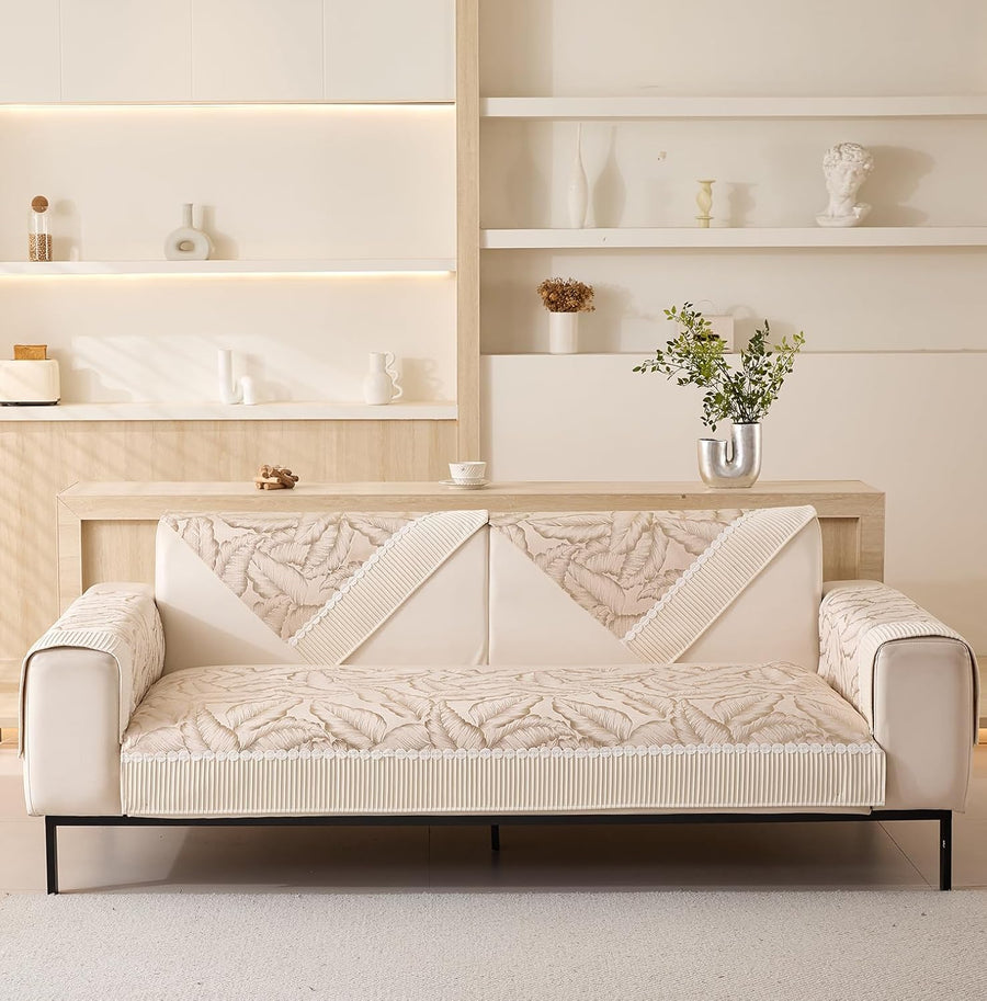 Leaf Pattern Chenille Fabric Sofa Cover Set – 3-Piece (2 Armrest Covers 50x70cm + 1 Seat Cover) Beige