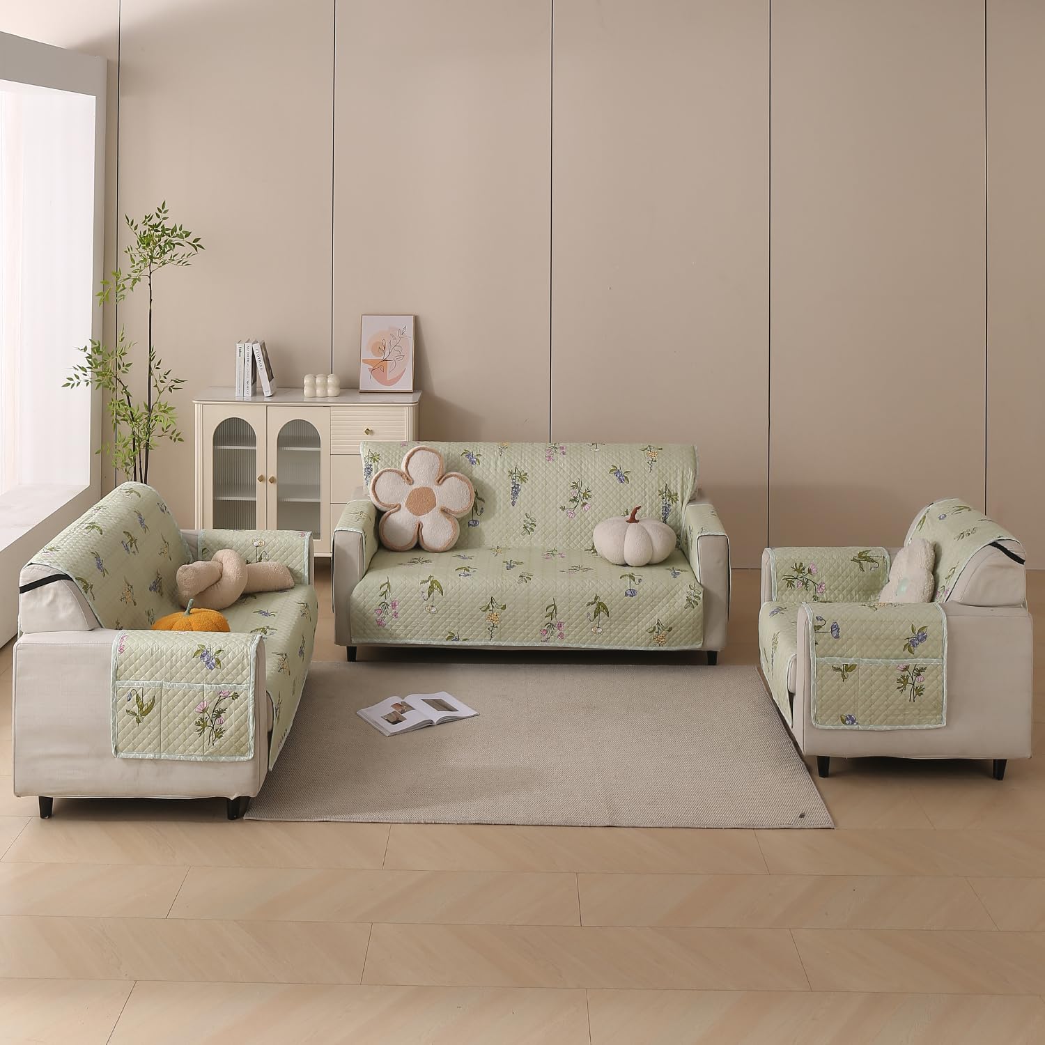 Polyester Sofa Cover Mat Reversible Couch Protector- Green Floral