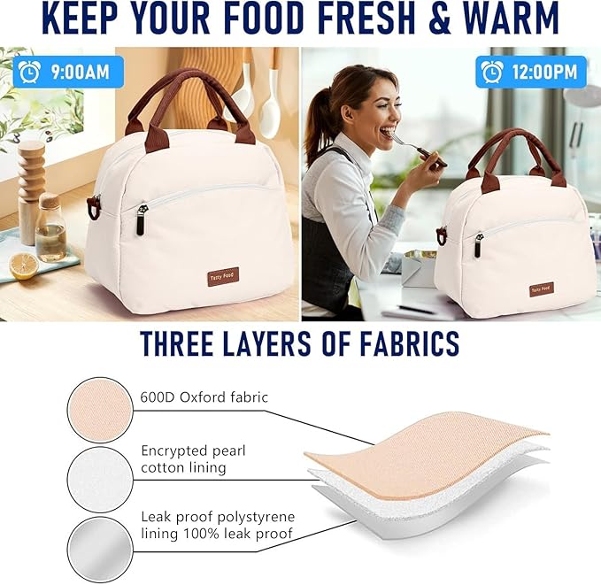 Insulated Lunch Bag for Women, Reusable Tote with Shoulder Strap