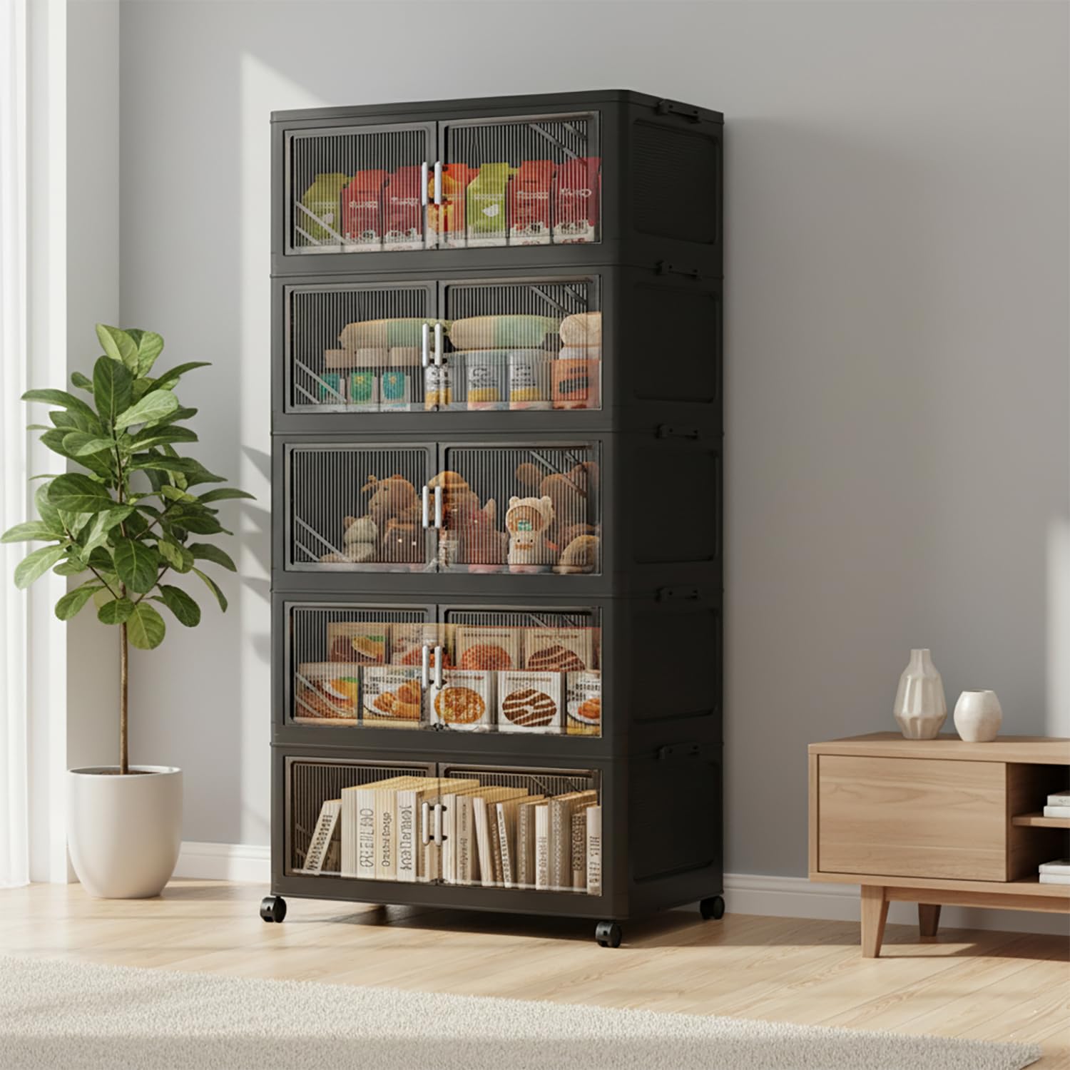 Foldable Storage Box with Wheels & Transparent Windows (Black, 62cm)