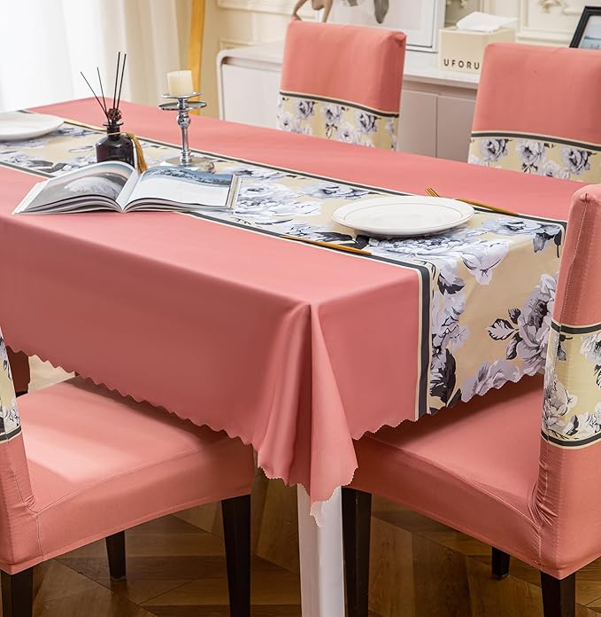 Dining Table Cover Waterproof (Peach Florals, 1 Table Cover + 6 Chair Cover)