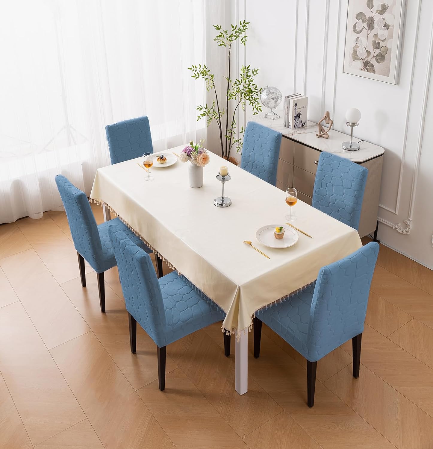 Premium Stretch Dining Chair Covers – 220 GSM Thick Jacquard Fabric- Light Blue