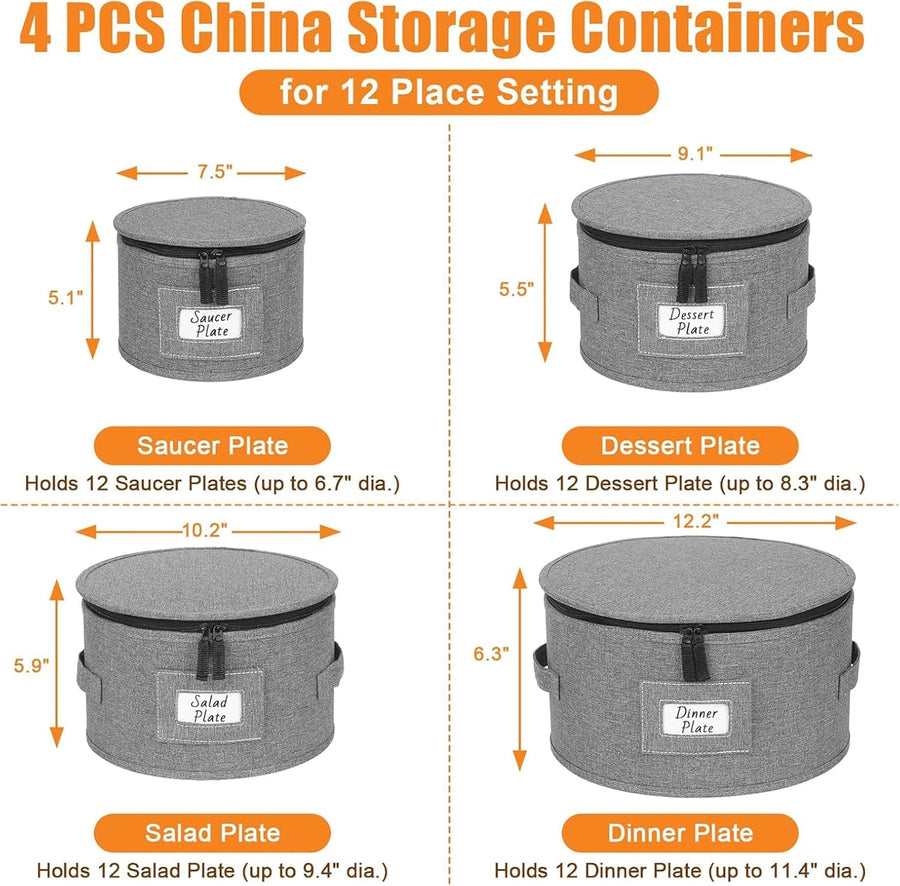 4-Piece Hard Shell Dish Storage Containers with Felt Dividers 12 Place Settings (Grey)