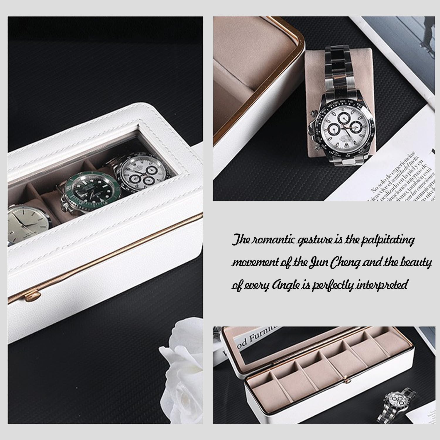 6-Slot Watch Box Organizer with Glass Lid, Removable Watch Pillows, Synthetic Leather Watch
