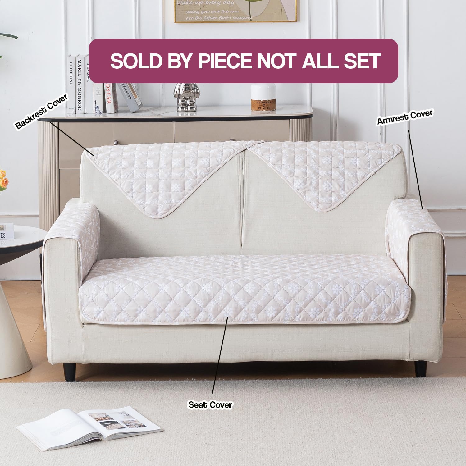 Printed Quilted Sofa Cover for 1/2/3/4 Seater Anti-Slip- Beige Blossom