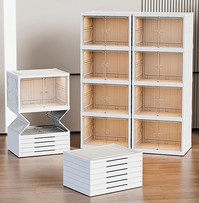 6 Layer Plastic Storage Bins with Lids - Shoe Storage box (Cream)