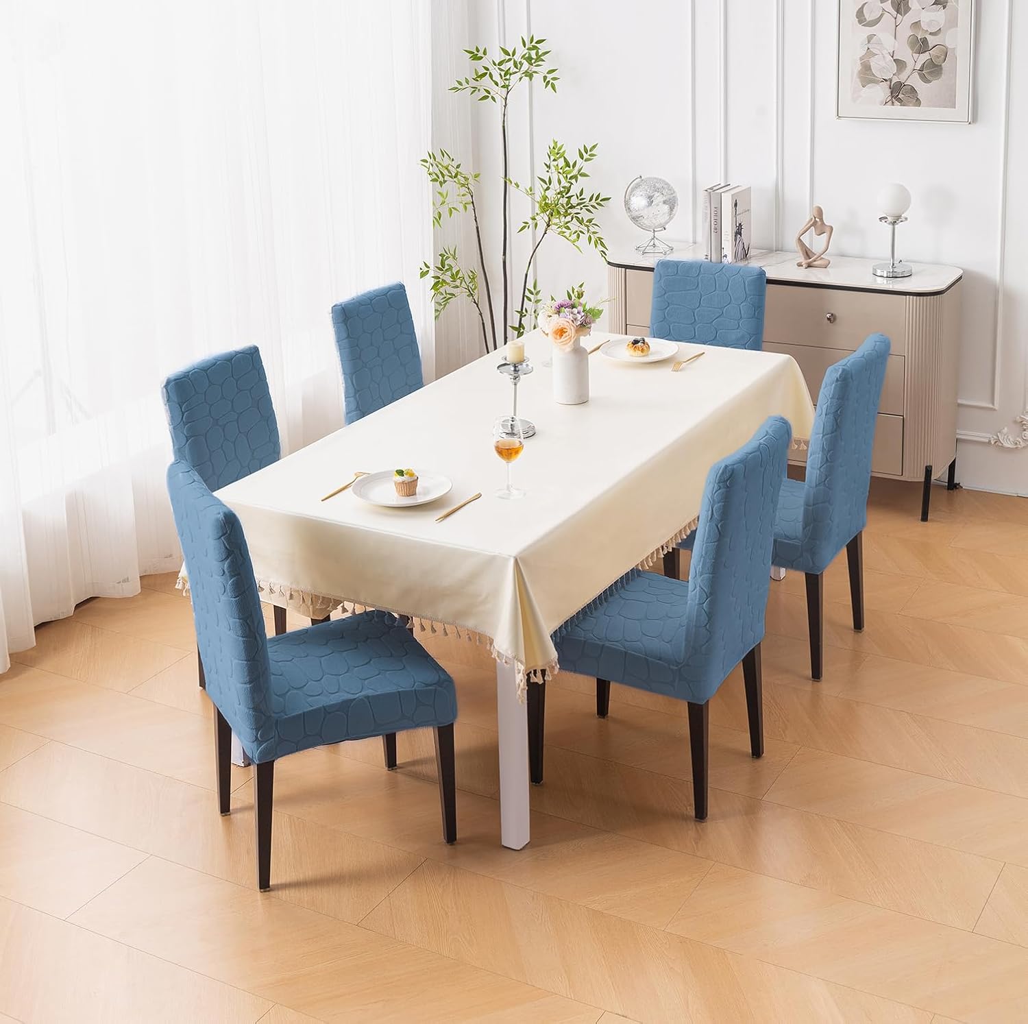 Premium Stretch Dining Chair Covers – 220 GSM Thick Jacquard Fabric- Light Blue