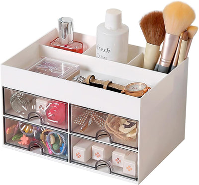 Desk Organiser with Drawer, Multifunctional 4 Plastic Compartments-White