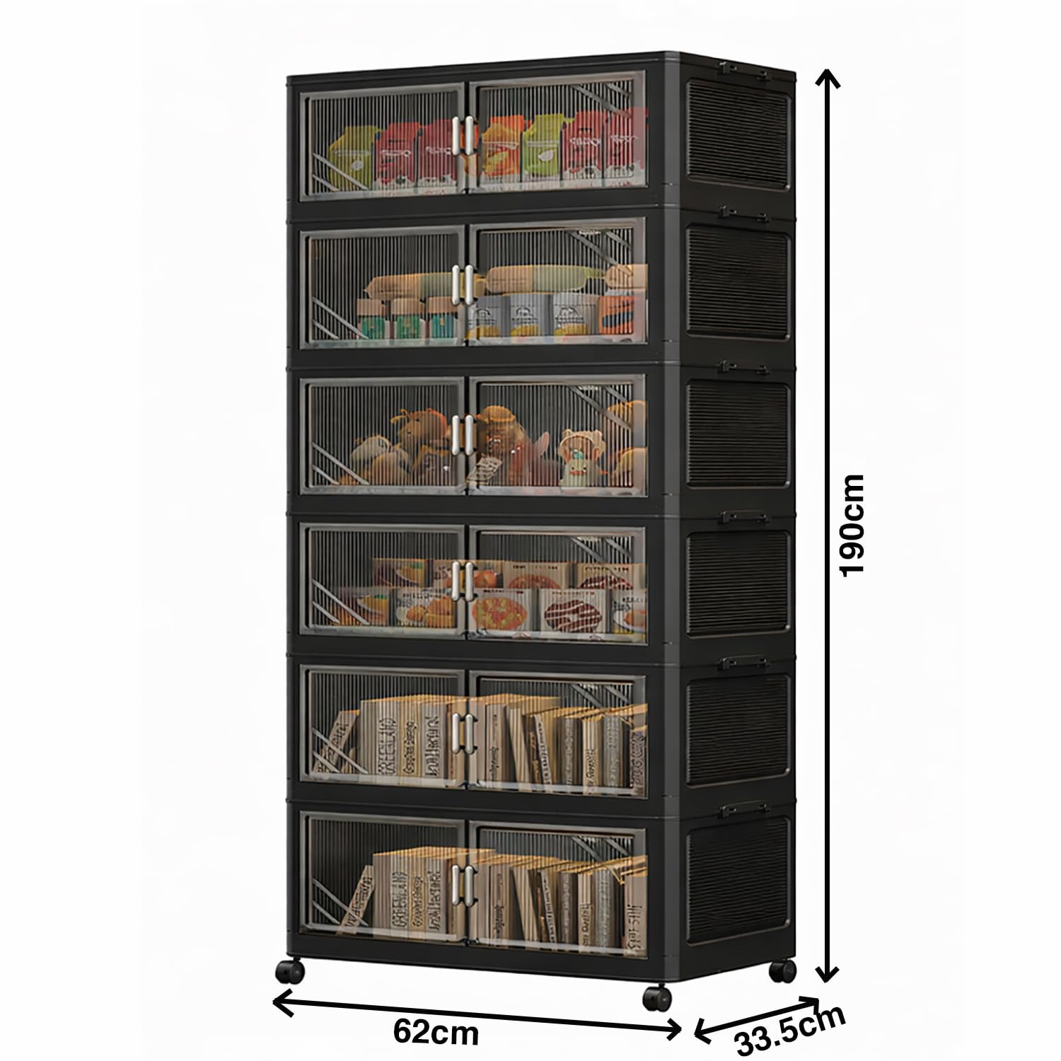 Foldable Storage Box with Wheels & Transparent Windows (Black, 62cm)