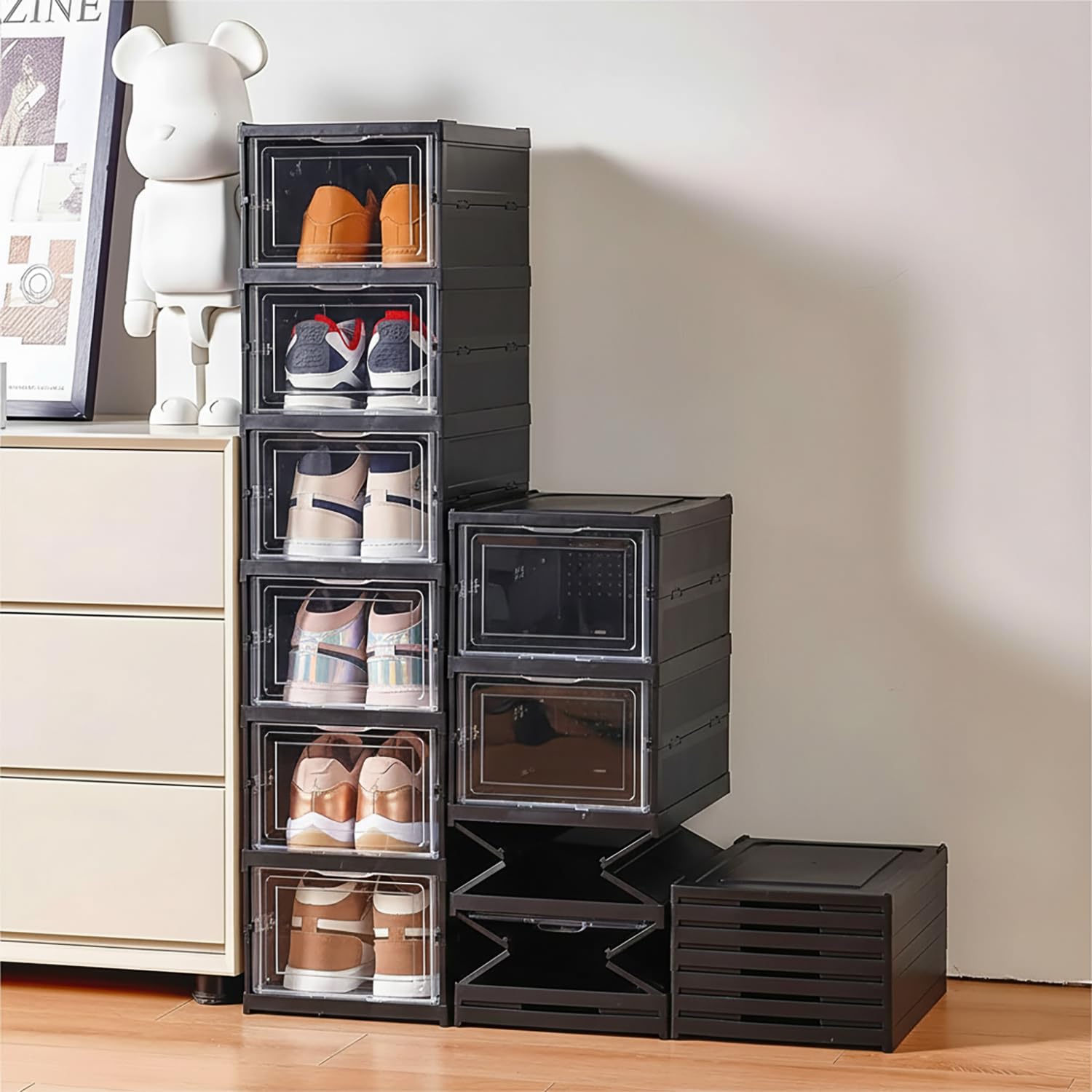 6-Layer Foldable & Stackable Shoe Cabinet with Magnetic Front Door (Transparent)